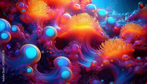 Surreal Bioluminescent Coral Reef with Floating Bubbles