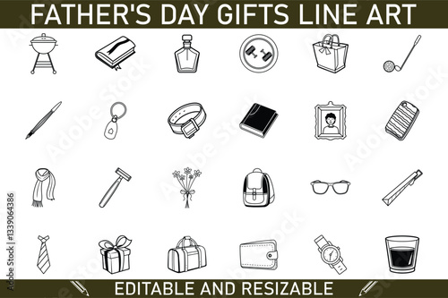 Fathers Day Gift Line Art Icons Editable and Resizable Set