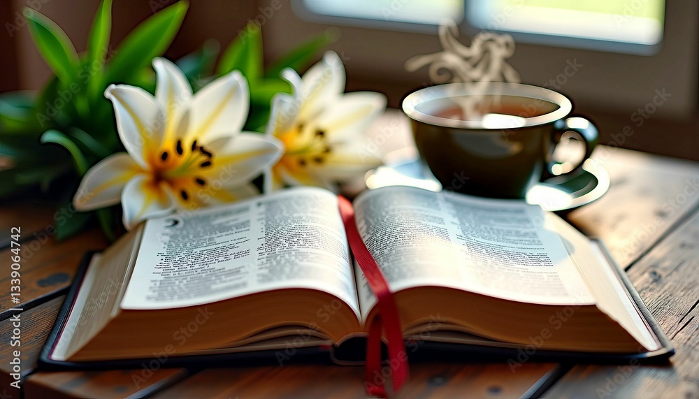 Open Book with Coffee and Lilies on Wooden Table Open Book with Coffee and Lilies on Wooden Table