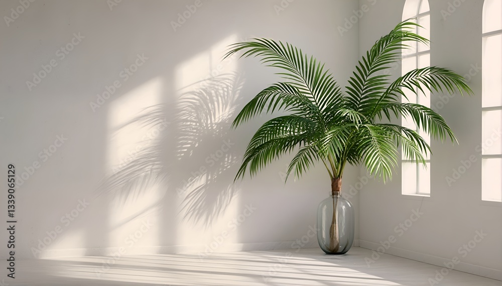 Fototapeta premium Palm tree with white walls and shadows.