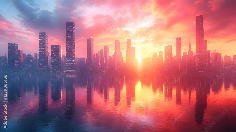 Fototapeta premium Vibrant Cityscape Reflected in the Waters at Dramatic Sunrise or Sunset