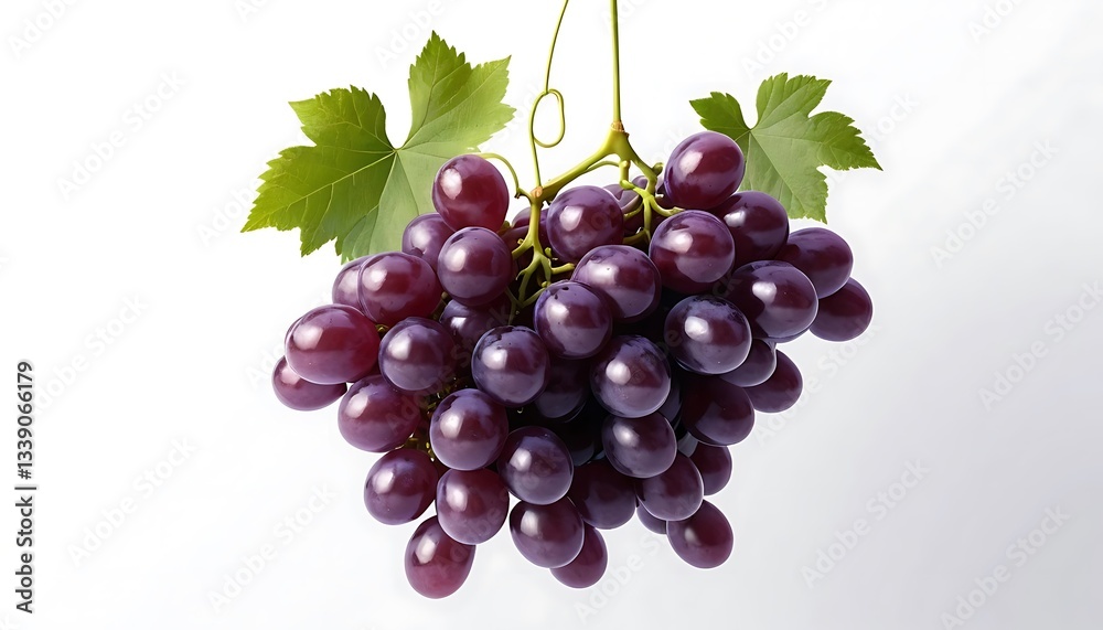 Fototapeta premium Fresh Purple Grapes Bunch with Green Leaves Isolated on White Background
