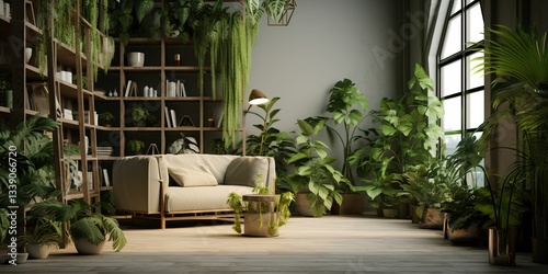 A living room with a couch and a bookshelf filled with books