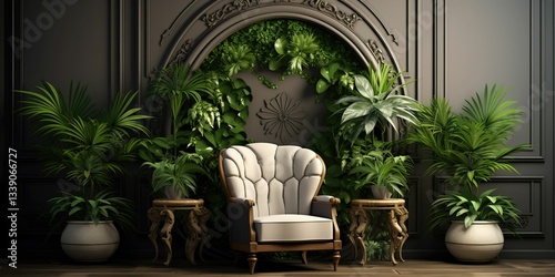 A chair is sitting in front of a wall with plants and a large arch