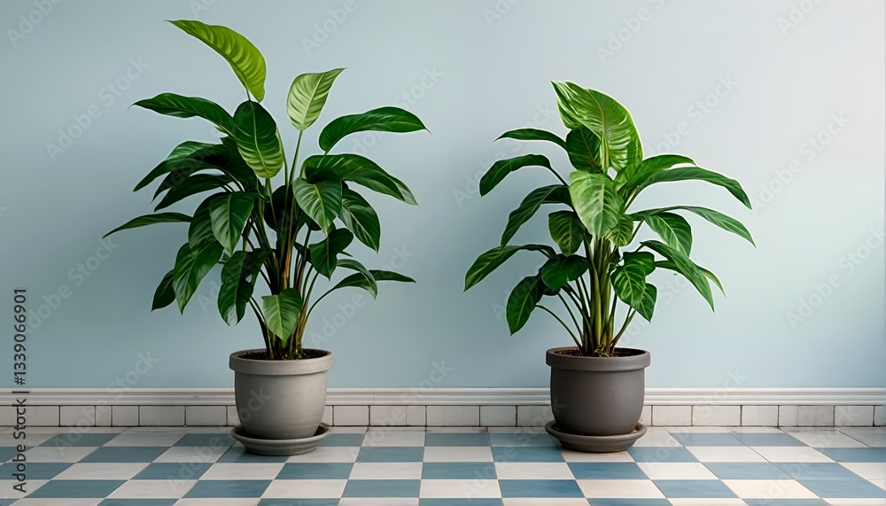 Obraz premium a large green plant with long leaves sits on a blue and white checkered floor.