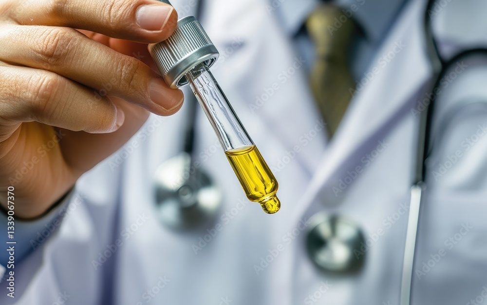Doctor Holding Dropper with Yellow Liquid