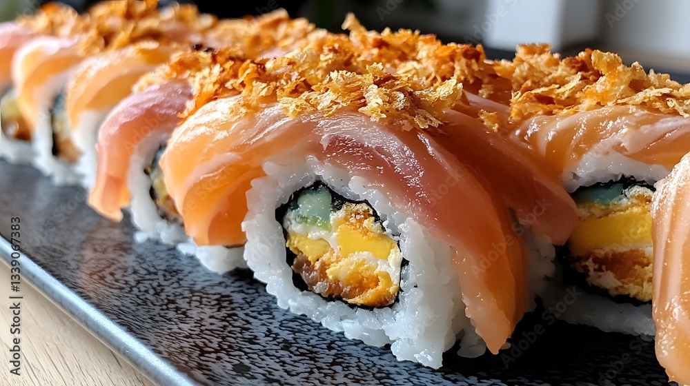Delicious Salmon Sushi Rolls with Crispy Topping Delicious Salmon Sushi Rolls with Crispy Topping