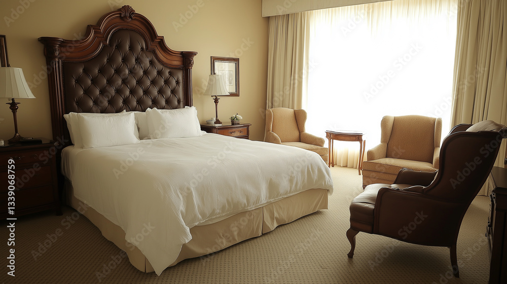 Fototapeta premium Elegant Hotel Room with King-Size Bed and Classic Decor.