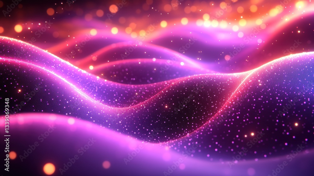 Fototapeta premium Abstract glowing pink and orange waves with sparkling particles.