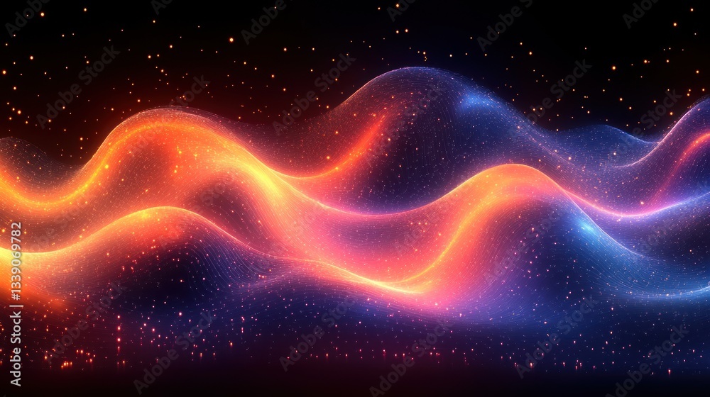 Fototapeta premium Abstract glowing wave background with red and blue light particles.