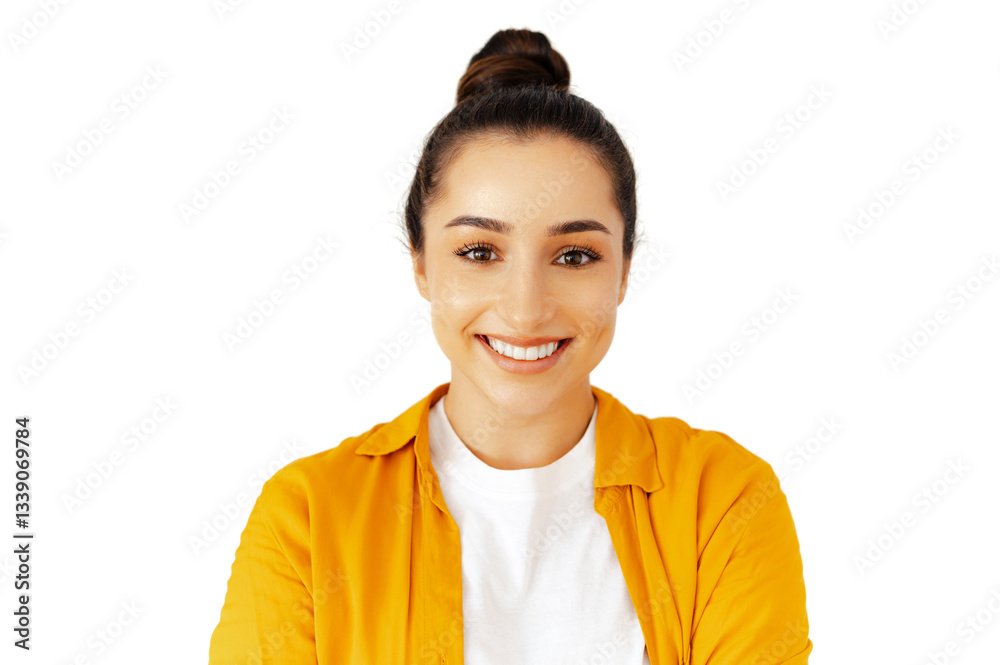 Close-up photo of a pretty caucasian woman with glasses and in yellow shirt stand with arms crossed in isolated white background, smiling at camera, showing leadership, confidence, and professionalism Close-up photo of a pretty caucasian woman with glasses and in yellow shirt stand with arms crossed in isolated white background, smiling at camera, showing leadership, confidence, and professionalism