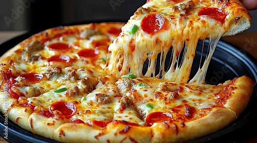 Pizza slice with cheese pull on dark plate. Background blurred. Use Food blogs