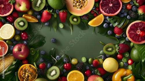 Fresh Organic Produce Banner with Vibrant Fruits and Vegetables on Rustic Natural Backdrop