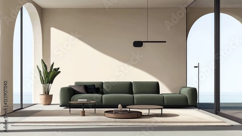  Minimalist Living Room with Green Sofa, Round Coffee Table, Large Sea-View Window, Beige Walls, Corner Plant, Black Accents, Modern Interior Design, Natural Light, Calm Atmosphere, Neutral Color Pale