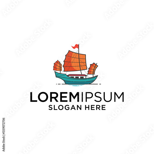 Orange and Teal Chinese Sailboat Illustration