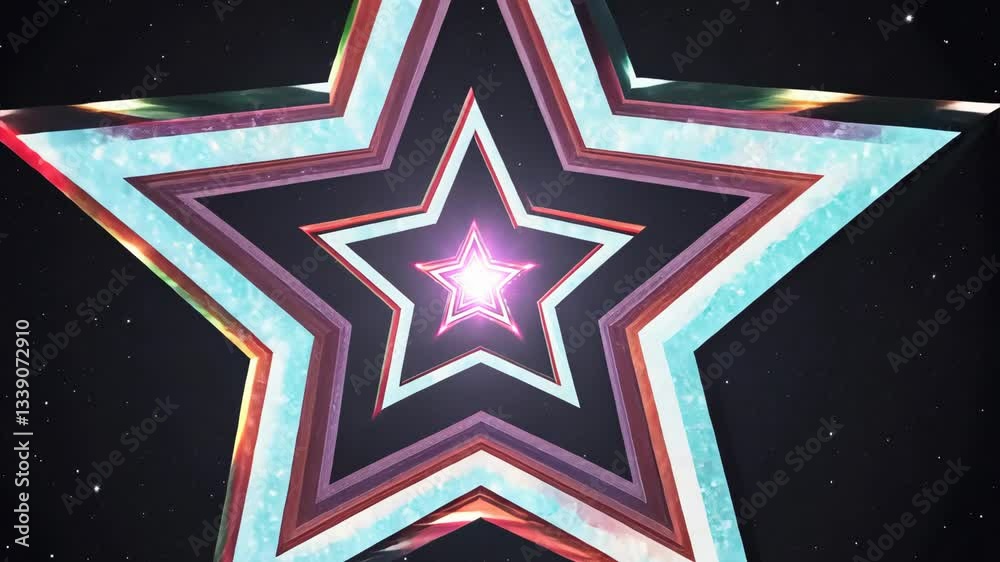 Flying throught vibrant animated glowing five-pointed star that twinkles in cosmic background