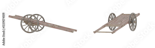 Two Old Wooden Carts. Gray Wood Texture, Rustic Style. Isolated transparent png.