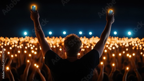 A sea of raised arms silhouetted against stage lights, with glowing phone screens creating pinpoints of light throughout the crowd