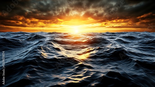 Dramatic Ocean Sunset with Fiery Orange and Dark Blue Waves