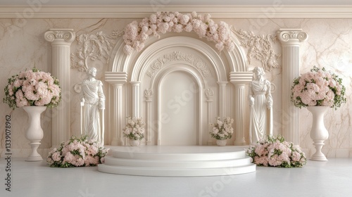Elegant Pastel Pink Wedding Arch with Classical Sculptures and Marble Pillars
