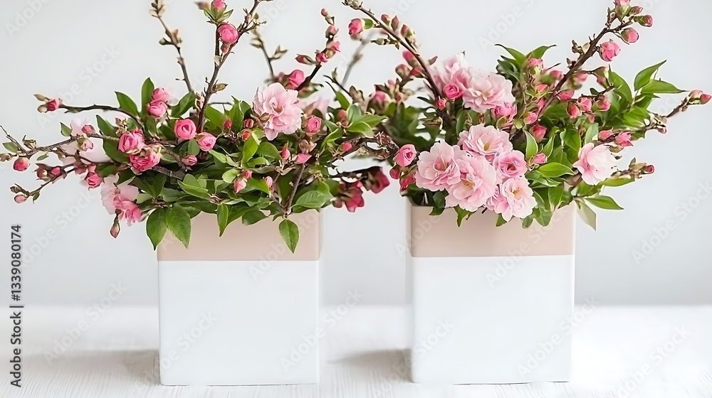 Fototapeta premium Beautiful pink flower arrangements in stylish modern white and pastel boxes on a light background