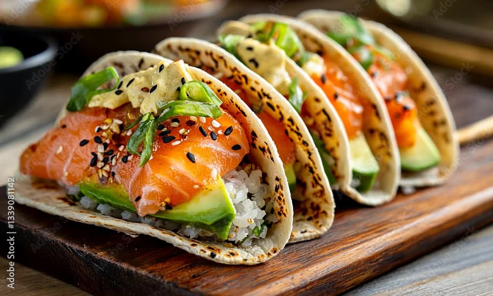 Delicious sushi tacos with fresh salmon, avocado, and sesame seeds served on a wooden platter