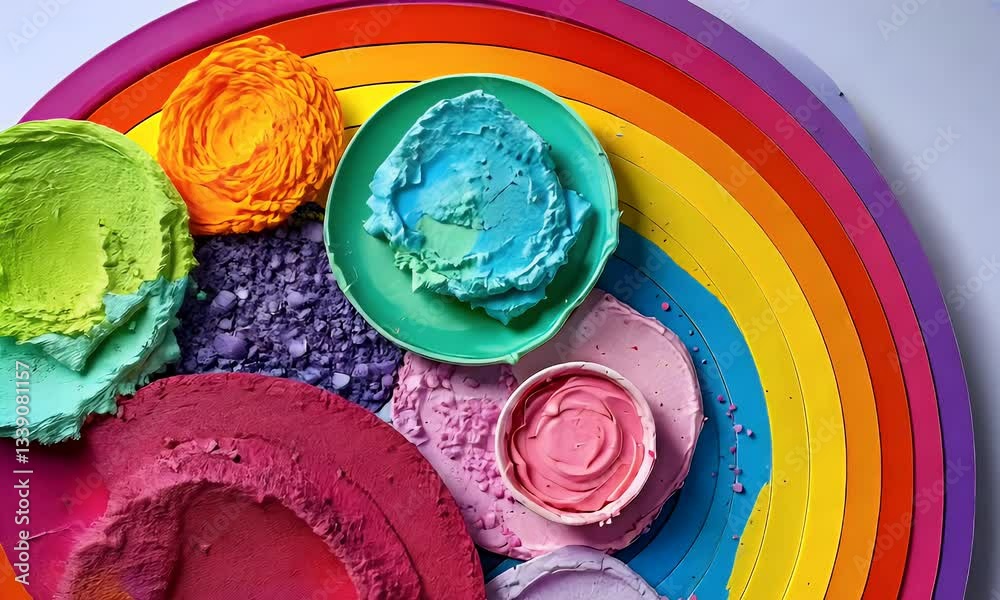 Rainbow Colored Creamy Swirls And Scoops On Plates
