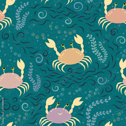 Crabs and Algae. Vector seamless pattern. Sea creature in cartoon design. Water animal with claws