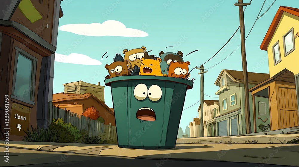 Naklejka premium A cartoon image of bears inside a surprised trash can