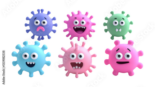 Colorful cartoon virus characters with expressions transparent image set. Microscopic organisms isolated cutouts 3d render. Funny germs cut outs cliparts design elements png collection