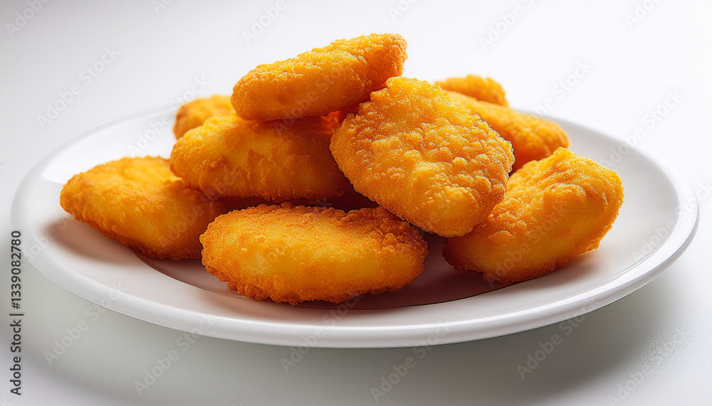 A close-up shot of a plate of golden, crispy chicken nuggets A close-up shot of a plate of golden, crispy chicken nuggets