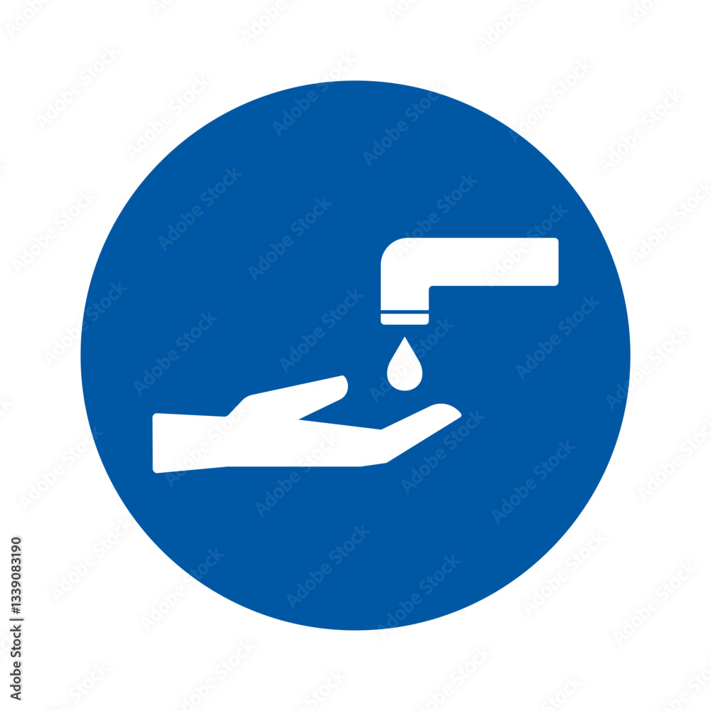 Hands Wash Vector Flat Sign with Water Tap and Drop for Public Restroom. Solid Hygiene Desinfect Symbol on Dark Blue Circle Shape. Hands Wash Vector Flat Sign with Water Tap and Drop for Public Restroom. Solid Hygiene Desinfect Symbol on Dark Blue Circle Shape.