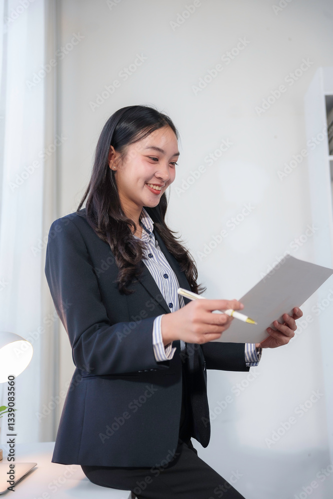 Young Asian businesswoman reviewing documents and smiling while sitting on her desk in a modern office Young Asian businesswoman reviewing documents and smiling while sitting on her desk in a modern office