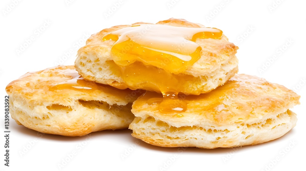 Fluffy Buttermilk Biscuits with Golden Honey Drizzle and Melted Butter on White Background Fluffy Buttermilk Biscuits with Golden Honey Drizzle and Melted Butter on White Background