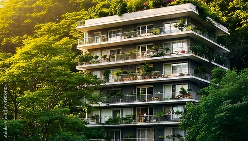 modern apartment building with large balconies and lush greenery.