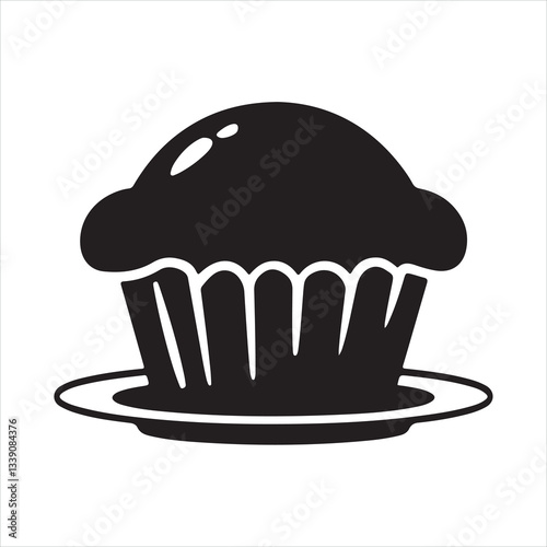 Black and white blueberry muffin Silhouette isolated on white background 
