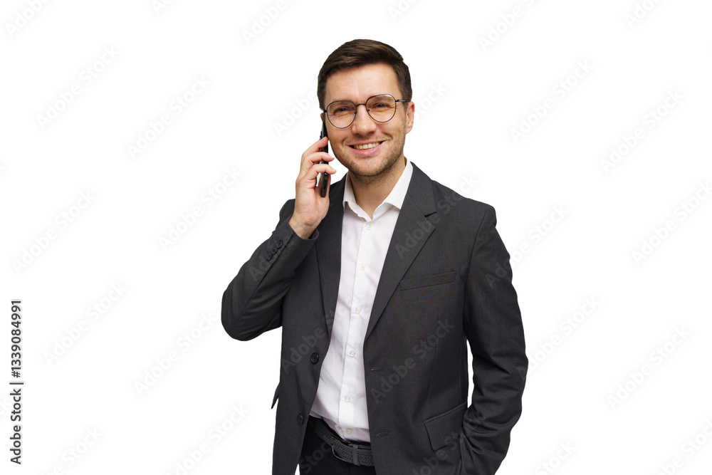 Businessman talking on phone in formal attire with a smile against a plain backdrop Businessman talking on phone in formal attire with a smile against a plain backdrop