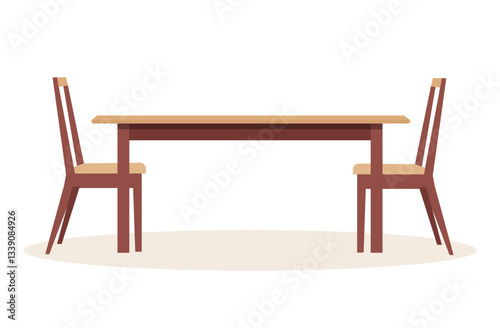 Table with chairs isolated on white background. Kitchen set wooden chairs and table. Vector stock