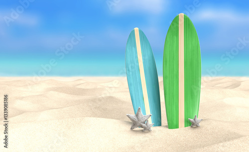 Photography Two Surfboards and Starfish Resting on Sandy Beach with Ocean in Background