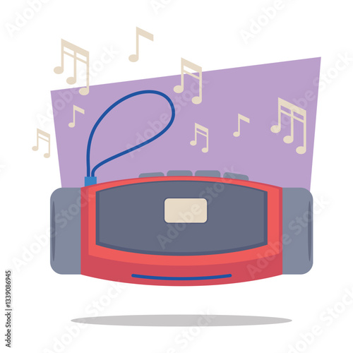 Portable music player with bright red design emitting vibrant sound waves illustrated by music notes. Device ready to bring rhythm and enjoyment to any setting