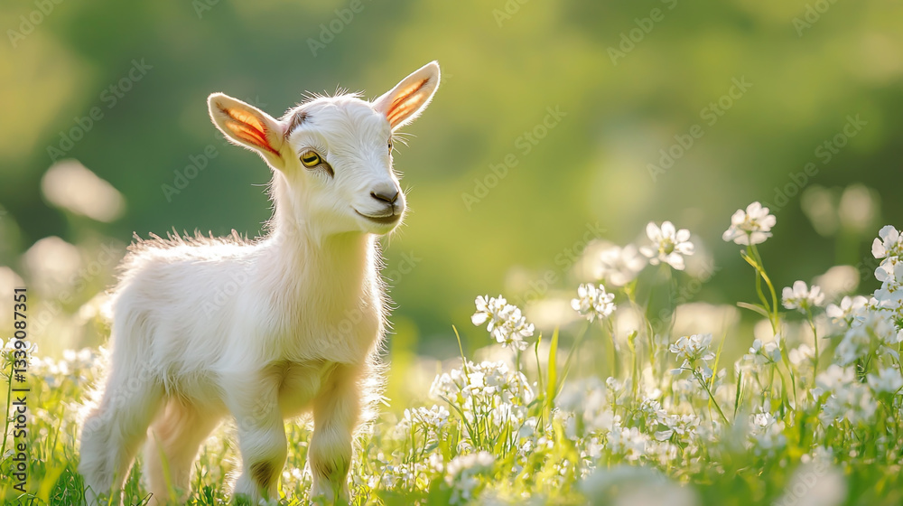 Obraz premium A baby goat standing gracefully on lush green grass, surrounded by delicate white flowers in a serene, sunny meadow