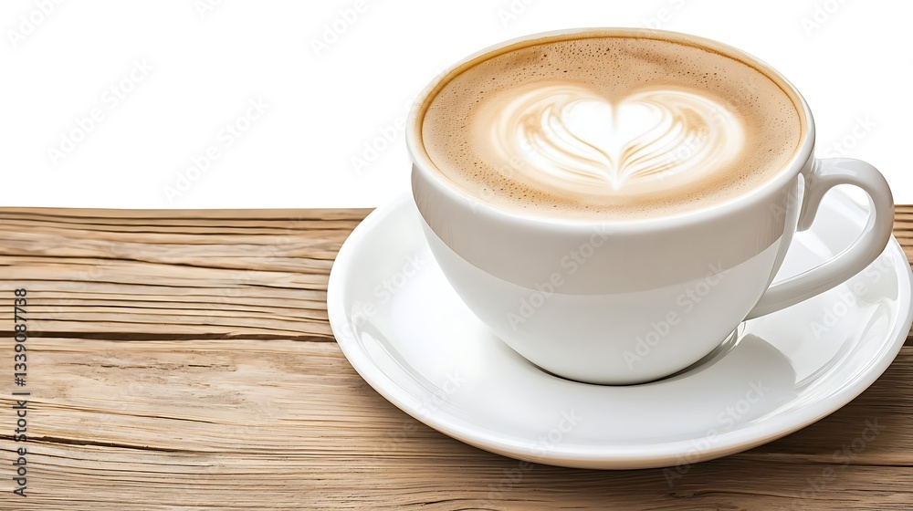 Warm Latte with Heart Design in White Cup on Wooden Table Surface Against White Background Warm Latte with Heart Design in White Cup on Wooden Table Surface Against White Background