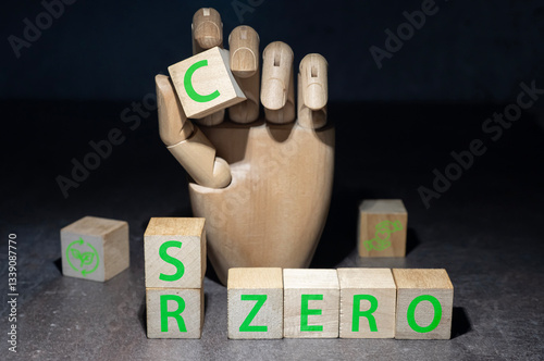Obraz na płótnie sztuczna dłoń układająca z klocków słowo CSR. Koncepcja Społecznej Odpowiedzialności Biznesu - kluczowe obszary w salonie