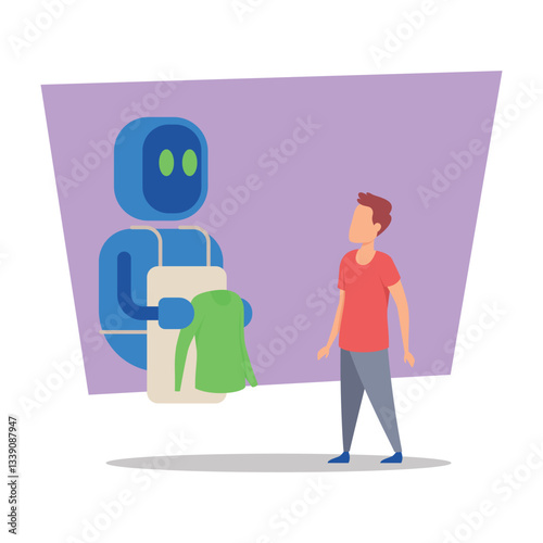 Young man in casual clothing standing in front of robot designed with friendly demeanor. Robot holding out green shirt, proposing unique shopping experience