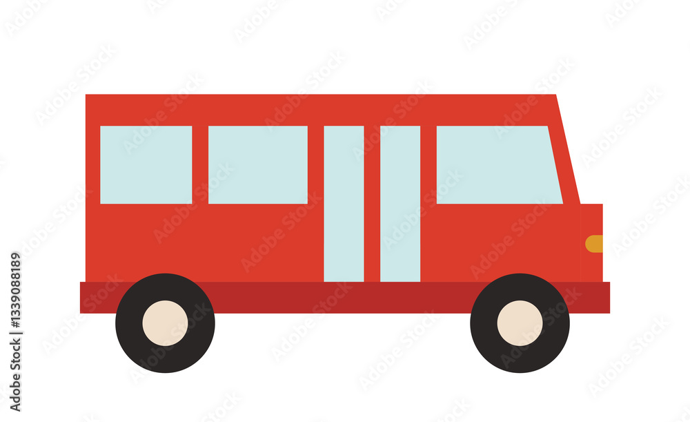 Simple red bus in a flat minimalist style with black wheels and blue windows on a white background. Concept of transportation, public transit, and travel. Vector illustration Simple red bus in a flat minimalist style with black wheels and blue windows on a white background. Concept of transportation, public transit, and travel. Vector illustration