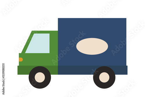 A simple flat-style illustration of a delivery truck with a green cab and a blue cargo container on a white background. Concept of logistics and transportation. Vector illustration