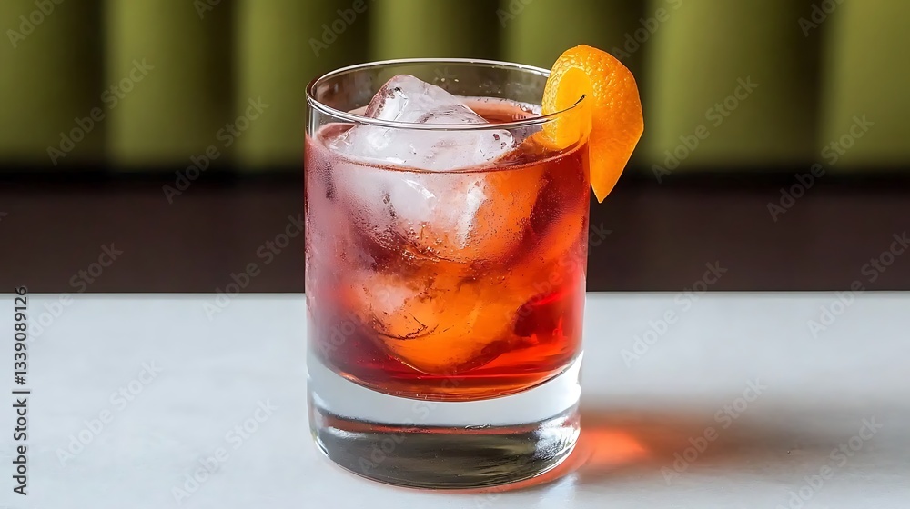 Refreshing Cocktail in a Glass with Ice and Orange Garnish on a Marble Surface