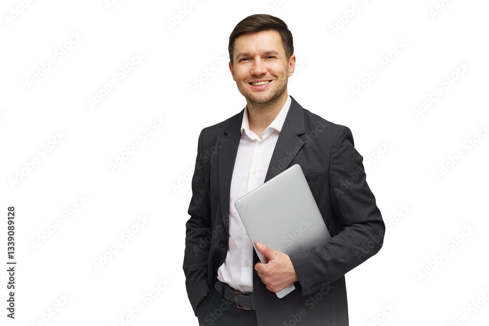 Professional man in business attire holding a laptop and smiling against a white background Professional man in business attire holding a laptop and smiling against a white background