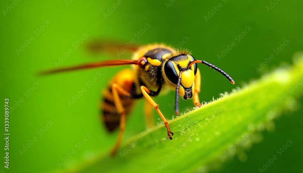 Close-up of Yellow Jacket Wasp on a Green Leaf in Nature Close-up of Yellow Jacket Wasp on a Green Leaf in Nature