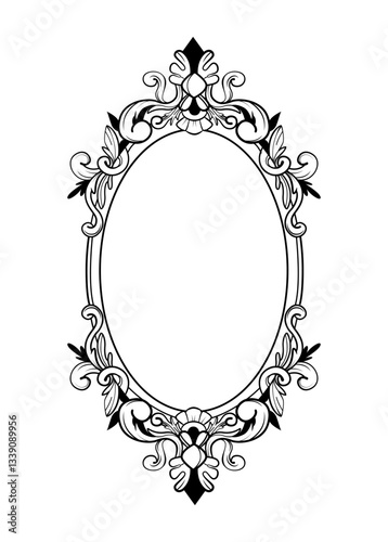 Elegant black and white ornate oval frame with intricate floral and baroque-style details on a white background. Perfect for vintage designs, invitations, or decorative projects. Vector illustration
